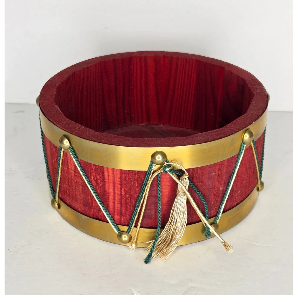 Vintage Wooden Nutcracker Drum Bowl Red Brass Gold Tassel Christmas Decor Vase